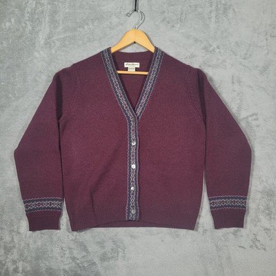 Vtg Eddie Bauer Cardigan Sweater Womens L Burgundy Lambswool Fair Isle Trim Knit