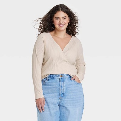 Universal Thread Faux-Wrap T-Shirt Womens X-Large Ribbed Long Sleeve Stretch Tan