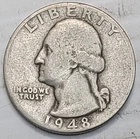 1948-P Washington Quarter - Raw - Circulated condition - Heavy Wear - 90% Silver