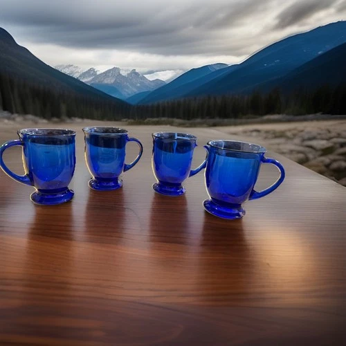 Set Of 4 Vintage Anchor Hocking Coffee Tea Cafe Mugs Cobalt Blue Glass Footed