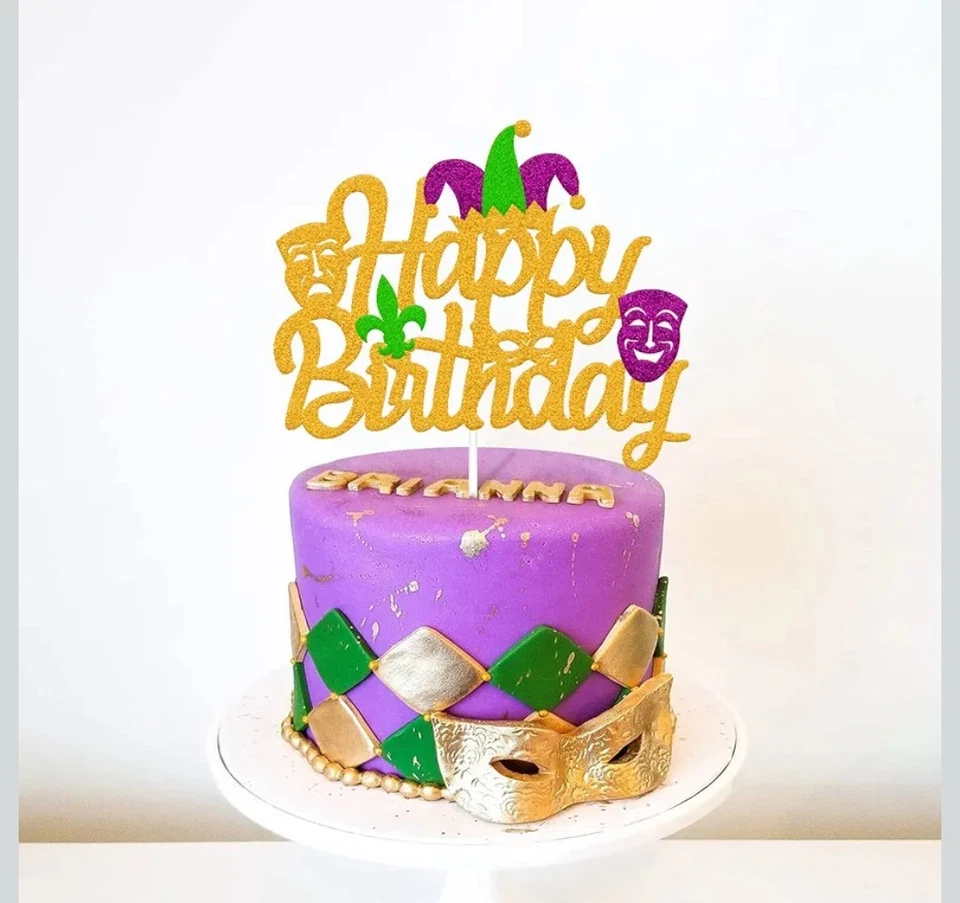 1 pieza Mardi Gras Feliz Cumpleaños Pastel Topper Brillo Mascarada Tema Fat Tuesday Foto 2 de 4