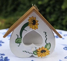 Wood Hand Painted Bird House Hearts and Sunflowers 9 x 8.5 x 5"