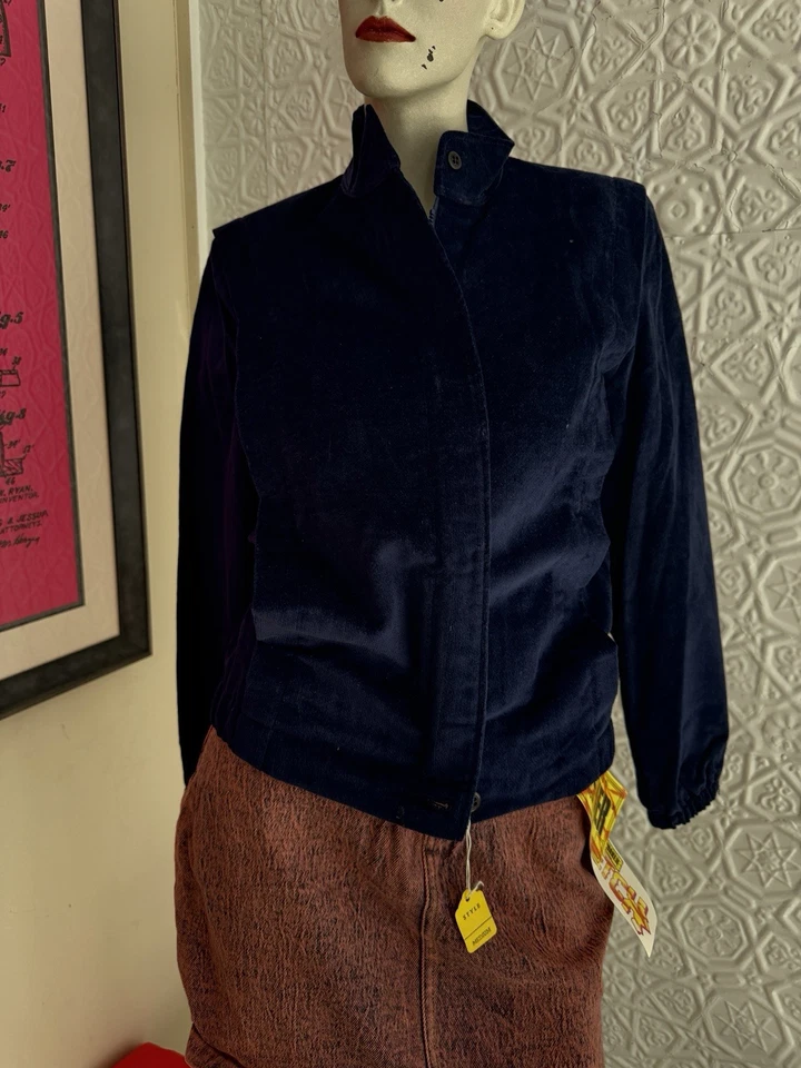 Chaqueta de Terciopelo Vintage Años 80-Deadstock-Azul Marino-Varsity-Zip Up-Esencial-Mediana Foto 2 de 4