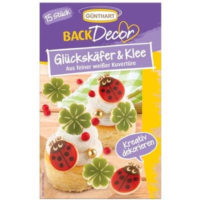 Backdeko Glückskäfer Kleeblätter weiße Kuvertüre Günthart 100g Deko Backen