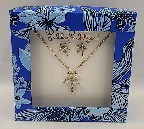 Lilly Pulitzer Alba Blue BOXED EARRINGS & NECKLACE Palm Tree Gift Set GWP NWT