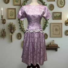 Lavender Satin Vintage Dress with Lace Trim