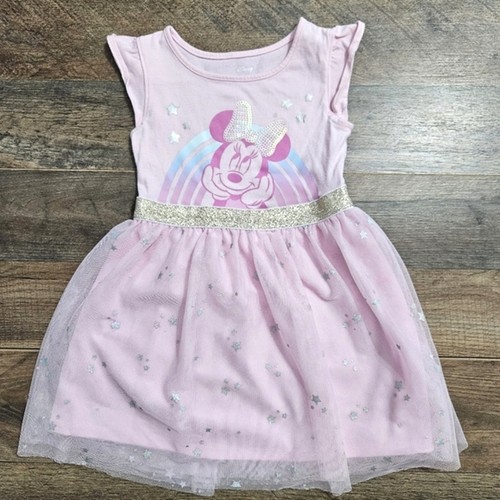 Disney Minnie Mouse Pink Metallic Gold Flutter Sleeve Dress Girls Tulle Glam - Picture 2 of 13