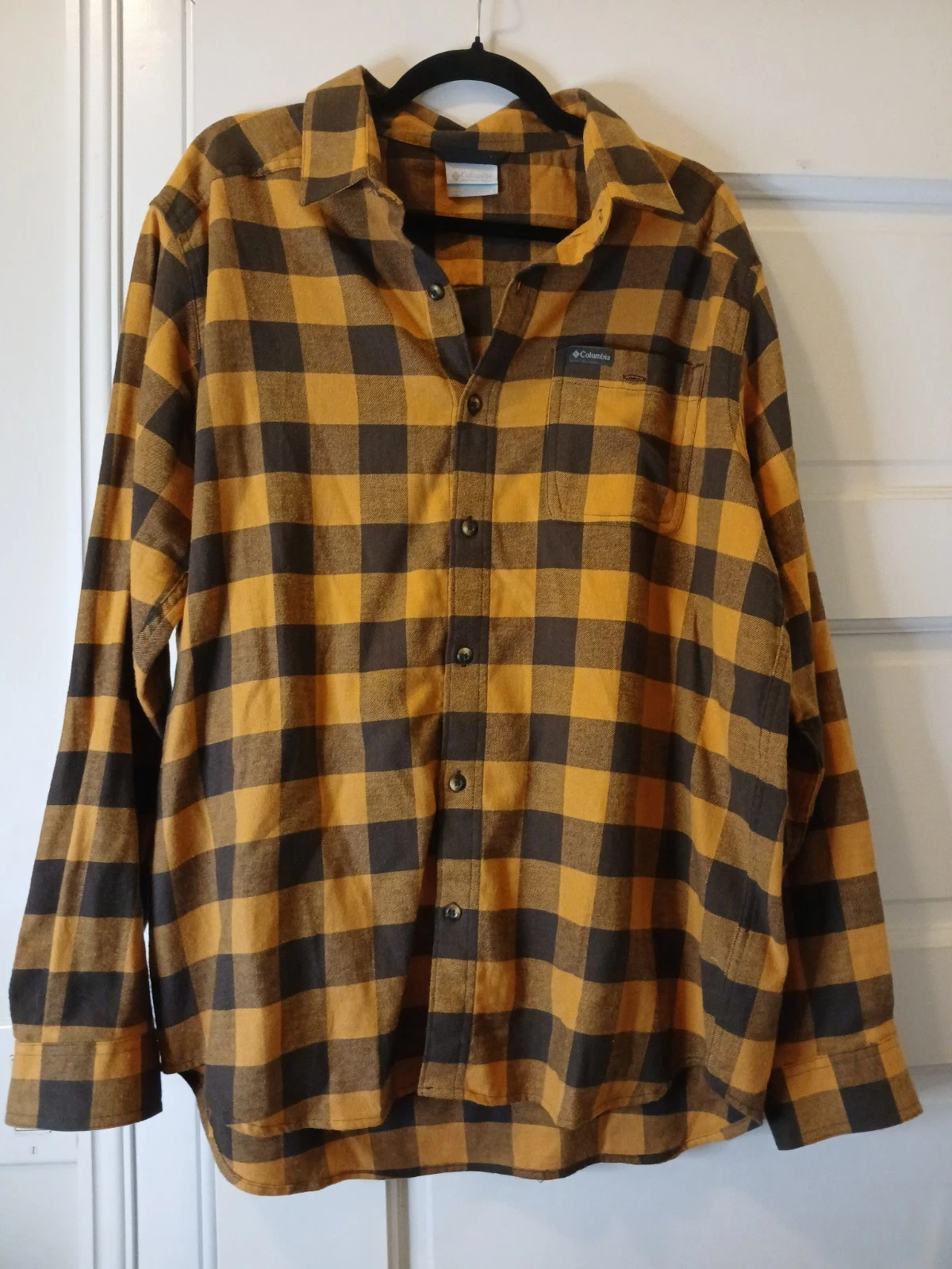 Columbia Mens Flare Gun Stretch Flannel Shirt Yellow & Brown Block Check Sz. L