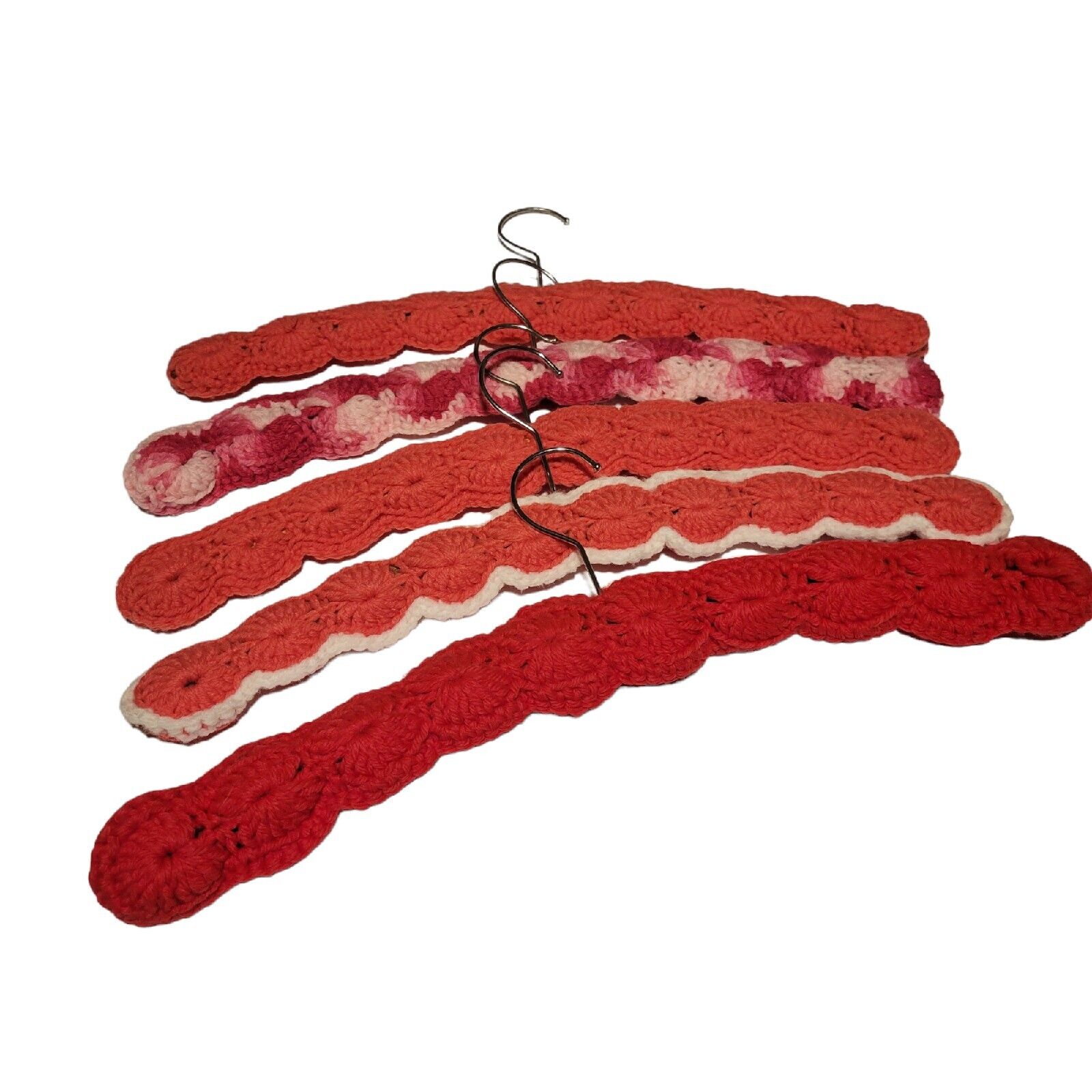 Vtg Lot of 5 Crocheted Wooden Hangers HOT Pink Ya… - image 1