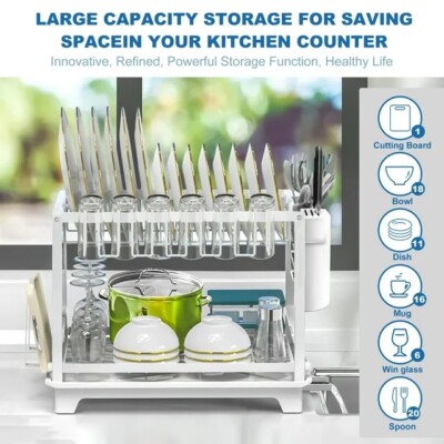 TOOLF 2-Tier Dish Rack With Utensil Holder - Large Capacity, No-Screw Assembly, Chrome Finish - View #6