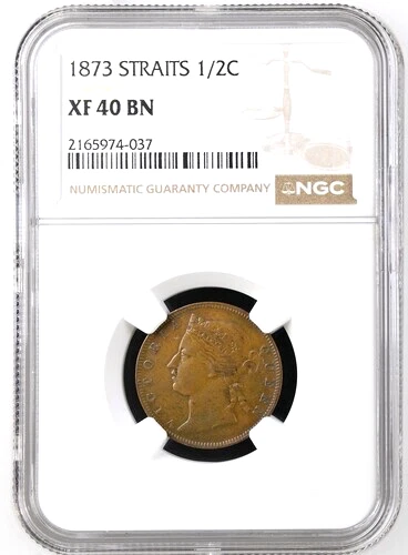 1873 Straits Settlements 1/2 Cent, NGC XF 40, KM-8, $450 in XF in Krause SCWC