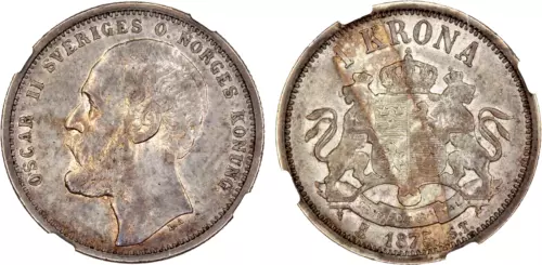 1875 Sweden Krona, NGC AU 55, KM - 741