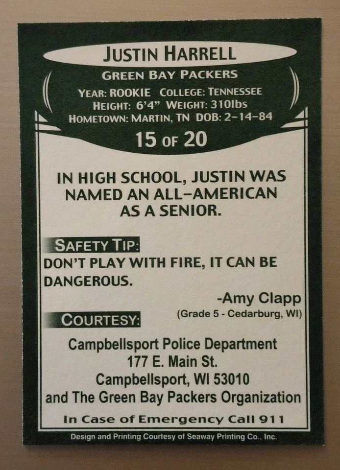 2007 Green Bay Packers Police Justin Harrell #15 Rookie RC - Image 2 of 2