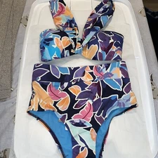 SUNSEEKER 2 piece Colorful High Waist Bikini SWIMSUIT Floral Leafs  Sz 4 NWt