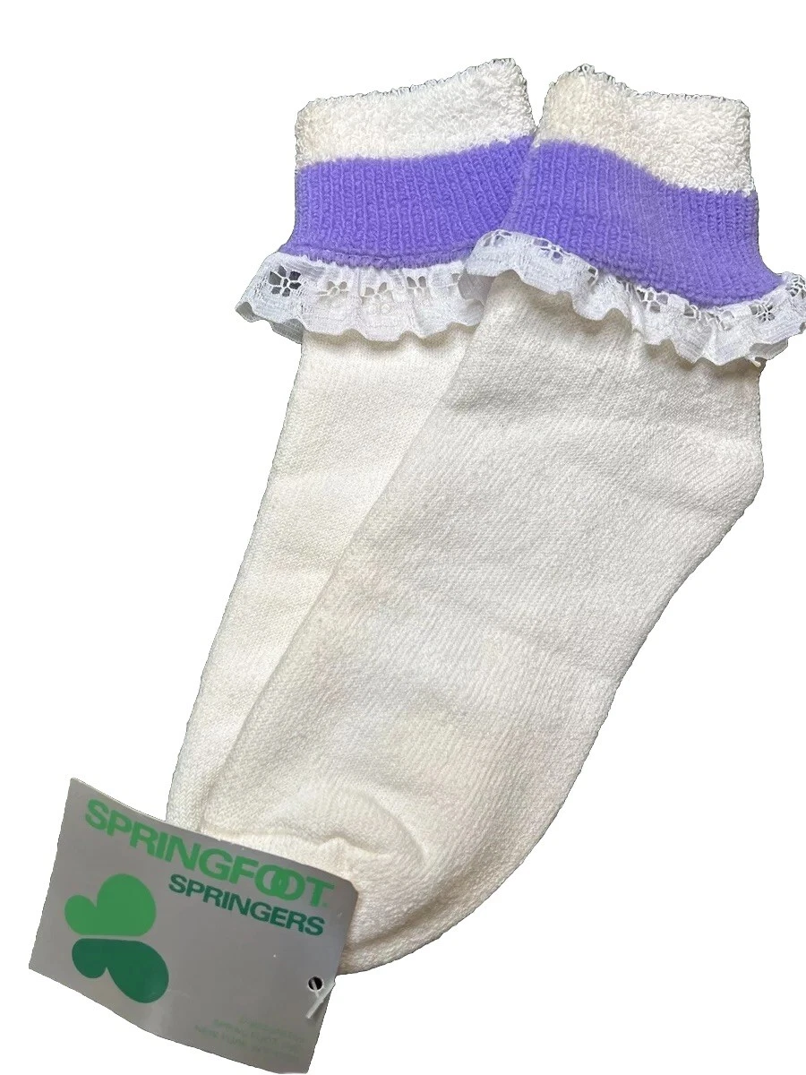 VTG Women Lace Socks 80s Roll Top 9-11 "Springfoot Springers ankle Cut Purple.