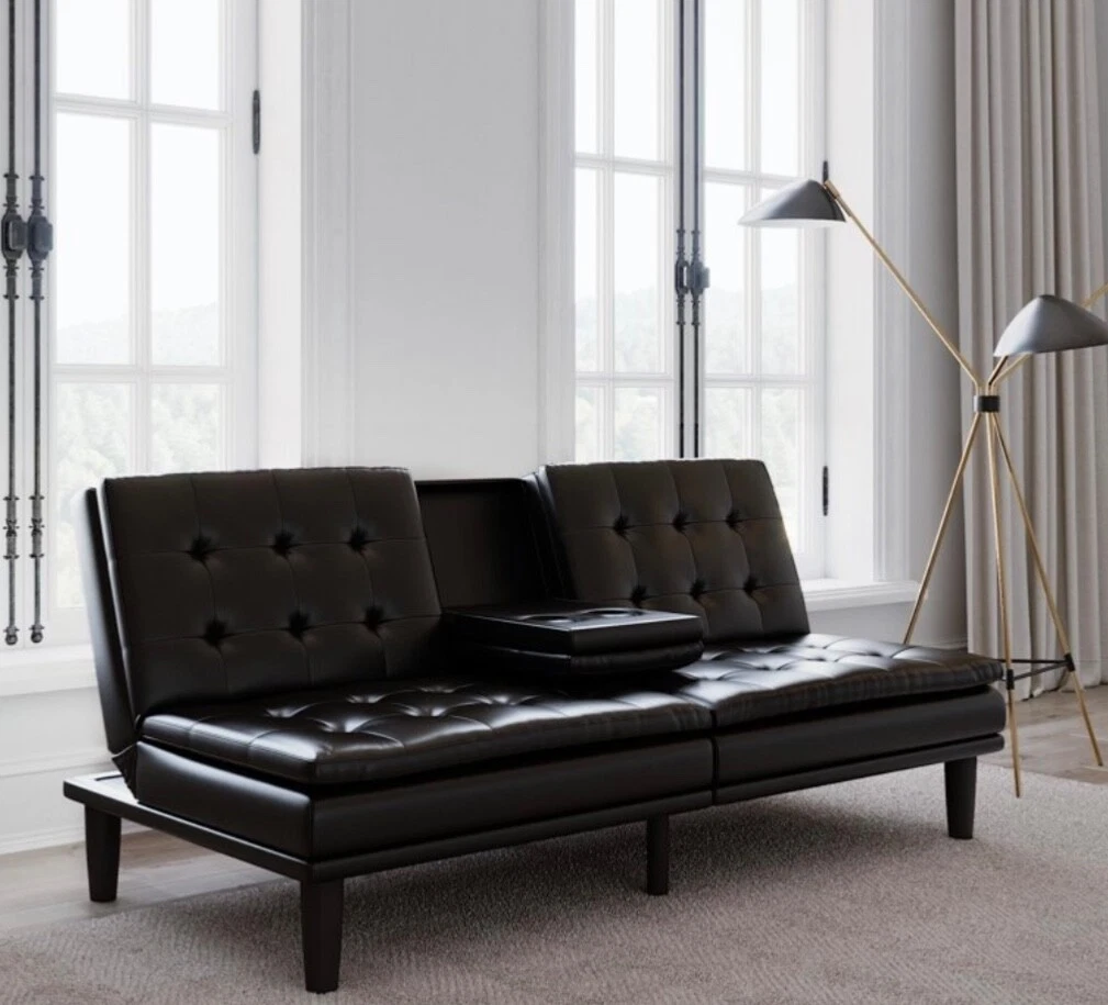 Leather Memory Foam PillowTop Futon with Cupholder Black eBay