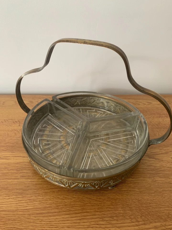 Ancien serviteur en métal argenté et compartiment en verres des années 30-40 - Photo 3/4