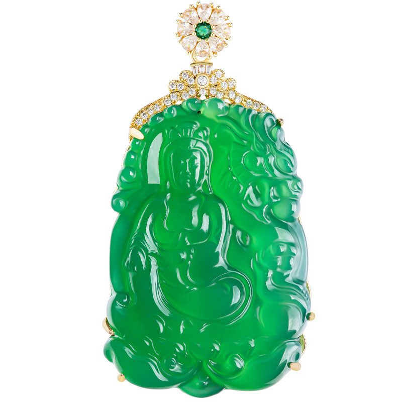 Natural Green Agate Dragon Subduing Guanyin Gold-Plated Pendant