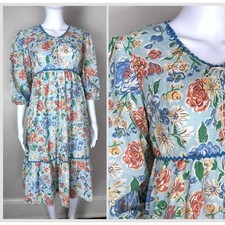 Vintage 1970s Blue Floral Midi Dress 70s Prairie Peasant Cottagecore Boho