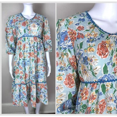 knee length dresses for ladies (M) 70s Cream Floral Trim Midi Dress