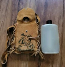 Vintage Bloom Brothers Leather Purse Bag Canteen Camping Scene, Flask Holder