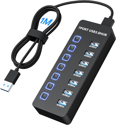 USB Hub 3.0 with Extended 100cm Cable Ultra Thin 7 with Switch Compatible mi
