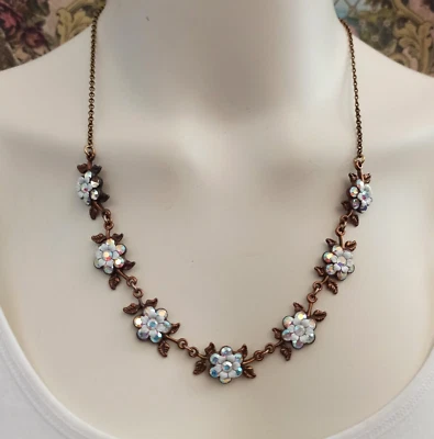Michal Negrin Necklace Floral Victorian Aurora Borealis Crystals Bronze Long VTG - Image 1 of 4