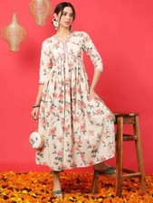 Indian Women white Cotton Floral Printed Anarkali Kurta Kurti Dress