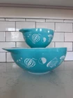 Vintage Pyrex Turquoise Hot Air Balloons Chip & Dip Cinderella Bowl Set 444/441