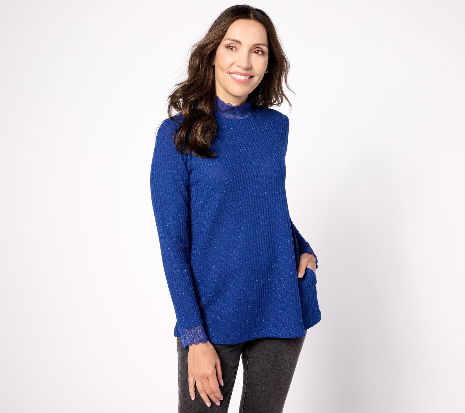 Fashion Women's Top Sz S Metallic Waffle Knit Mock Neck w Lace Blue A627095