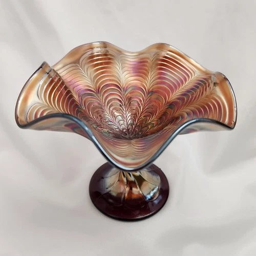 Fenton Amethyst Peacock Tail Carnival Glass Compote Twist Stem - Excellent