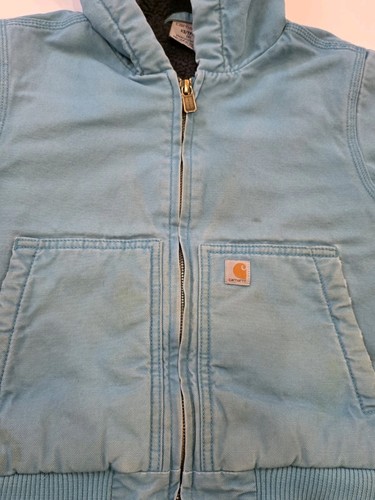 Youth Carhartt Sherpa Jacket Blue Canvas Zip Hooded Size XP 6 Mild Distressed - Picture 14 of 17