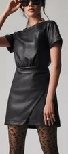 by Anthropologie Faux Leather Dress 8 Black Short Sleeves Wrap Skirt FreeS&H