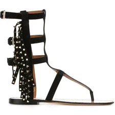 Valentino Fringed Rockstud Gladiator Flat Sandals SZ 36.5 New Caged Black $1675