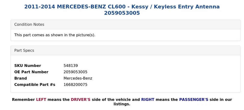 Mercedes-Benz Cl600 2011-2014 - Kessy/antena de entrada sin llave 2059053005 Foto 4 de 4