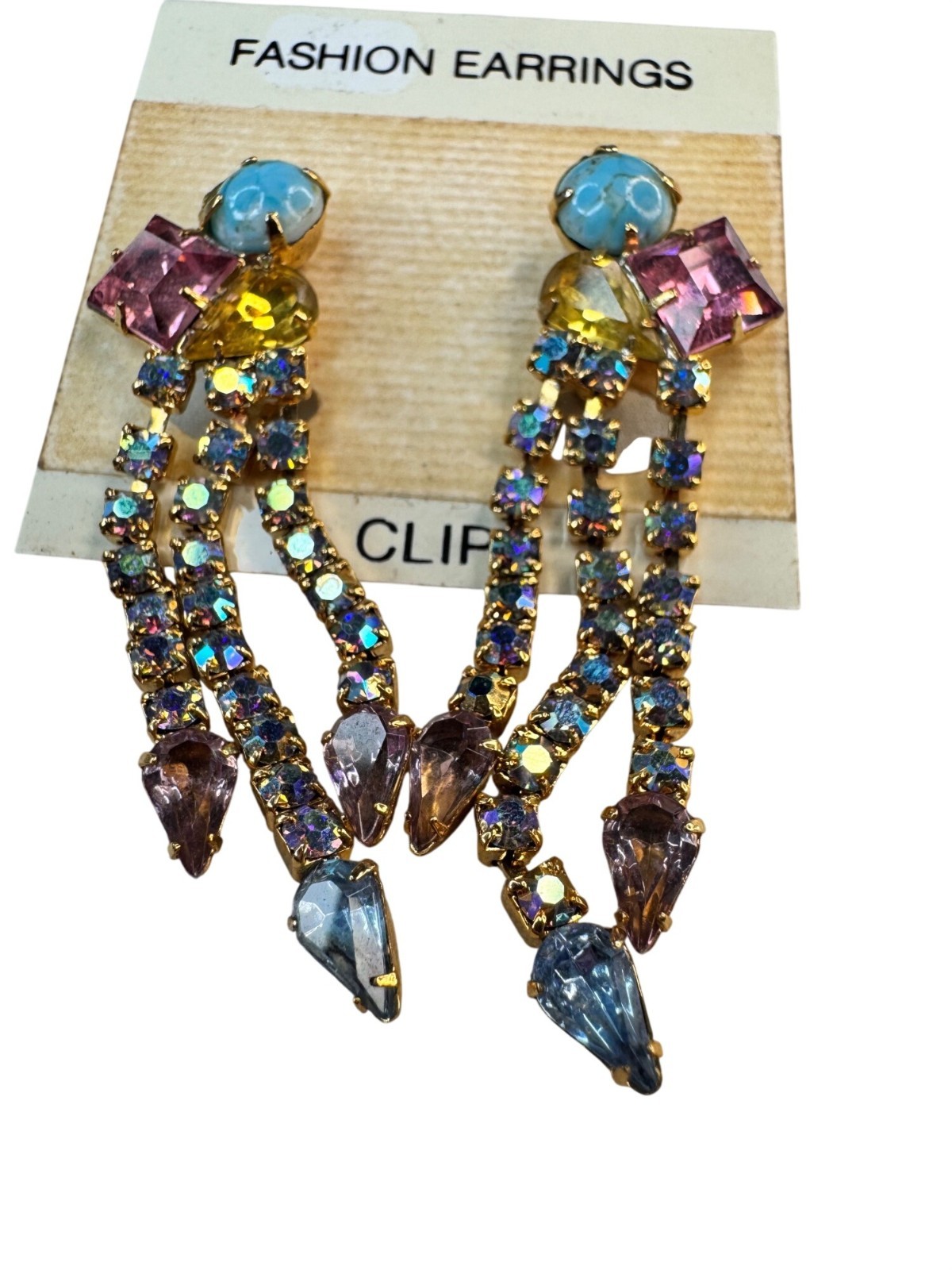 Statement Dangle Earrings Gold Multicolor Crystal… - image 4
