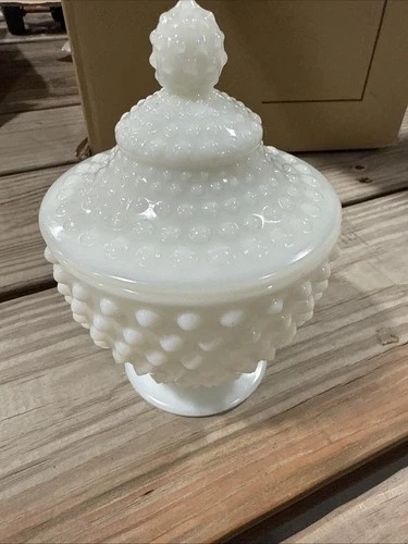 Fenton Art Glass Hobnail Milk Glass Covered compote Candy Dish Unmarked Vintage
