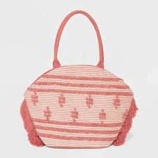Shade & Shore Women's Tote Bag Handbag Straw Rose Pink Fringe