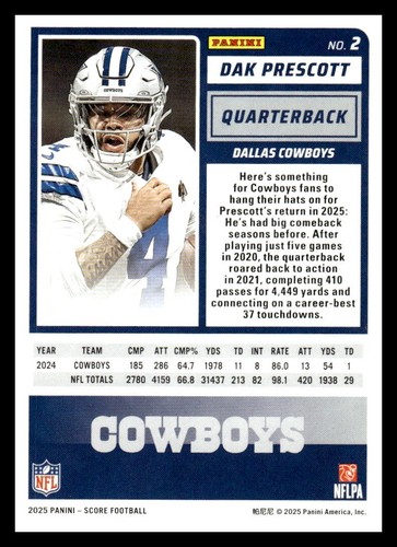 Fútbol americano Panini Score 2 2025 Dak Prescott, Dallas Cowboys - Imagen 2 de 2