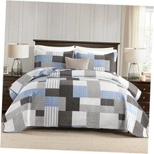 Quilt Queen Size, Queen Quilt Set, 100 Cotton Queen 90"x98" Taupe/Blue/White