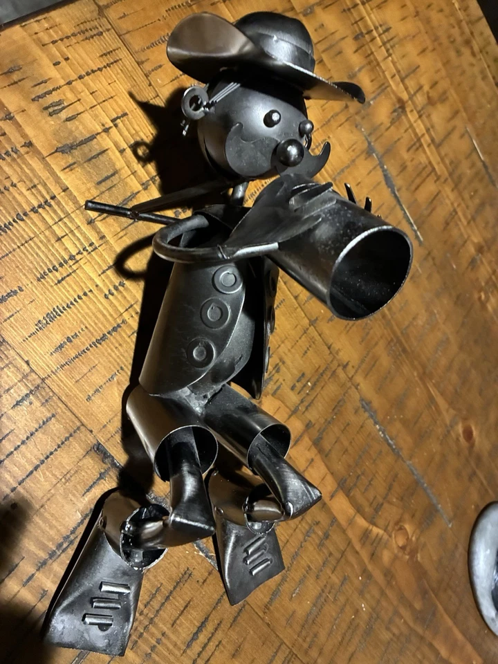 Handmade Metal Wine Bottle Holder- Cowboy Diver Sculpture - Recycled Scrap Iron - Image 3 of 4