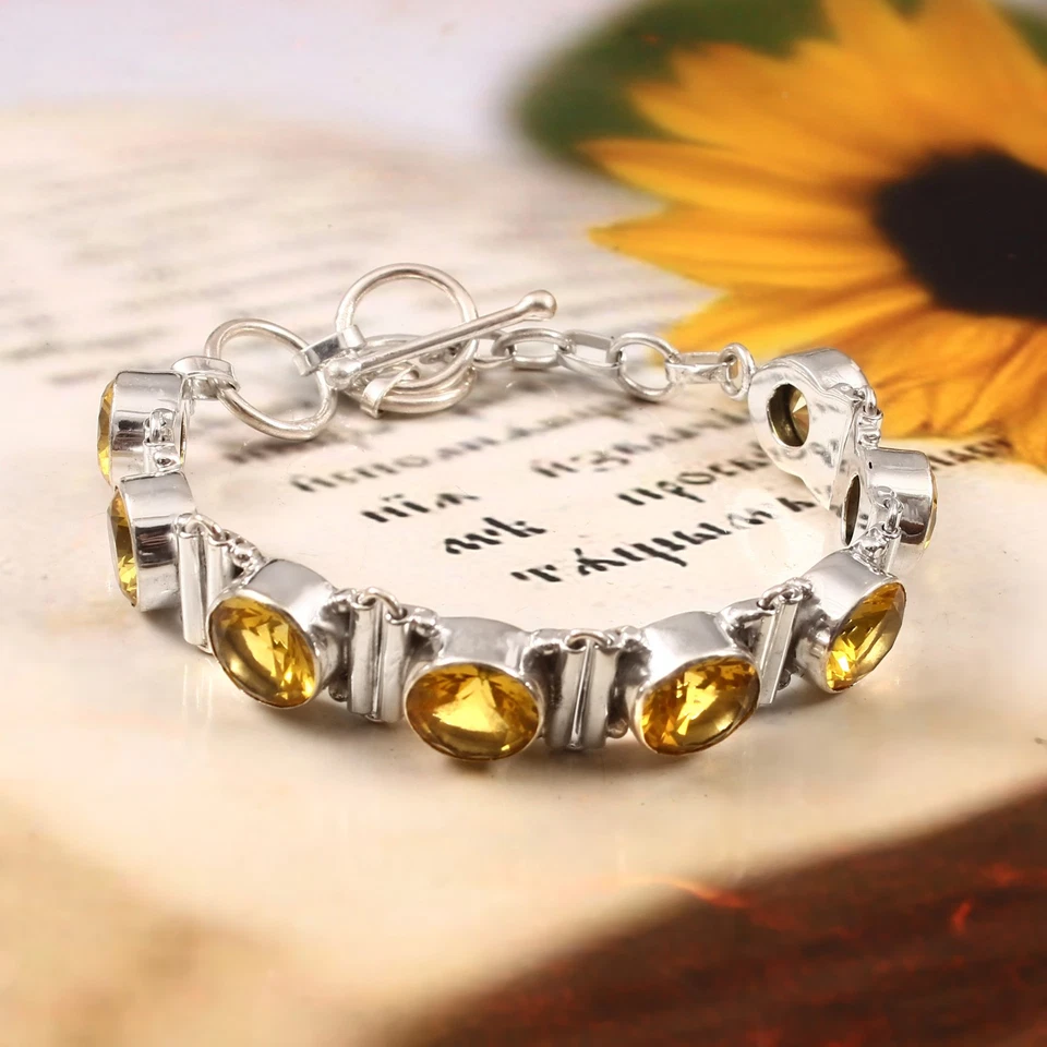 Pulsera de cadena de joyería de piedras preciosas de citrino amarillo corte rosa de plata de ley 925 Foto 3 de 3