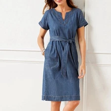 Talbots Blue Denim Tie Waist Short Sleeve Shift Dress Size SMALL Pockets