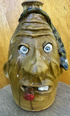 Terry Hosey 2009 Signed Pottery Face Jug Snake Cigar Miniature Face Folk Art 11" - Image 1 of 4