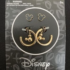 Awesome Pair / Set of 2 Gold Tone Disney Mickey Mouse Earrings Stud Hoop Set
