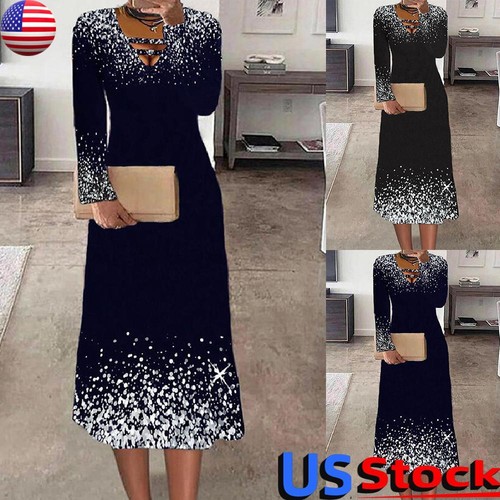Womens Long Sleeve V Neck Midi Dress 