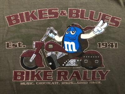 M&M World New York T-shirt LARGE USA Bikes & Blues Biker Fan Olive