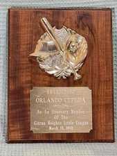 Orlando Cepeda Personally Owned Citrus Heights Little League Award Plaque 1988