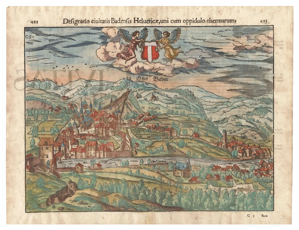 Mapa "Designatio civitatis Badensis Helveticae" (Baden im Aargau) S. Munster, 1572 Foto 2 de 3