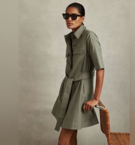 REISS MILLY UTILITY DRESS Womens 10 US khaki green military pockets belt